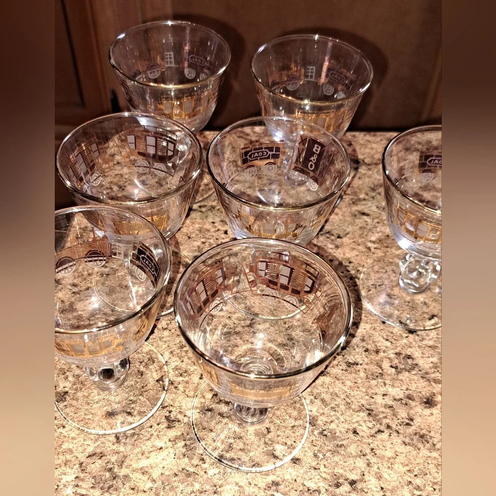 B&O Railroad Steam Engine Train Coal Box Coach Car Gold MCM 6 Wine Glasses